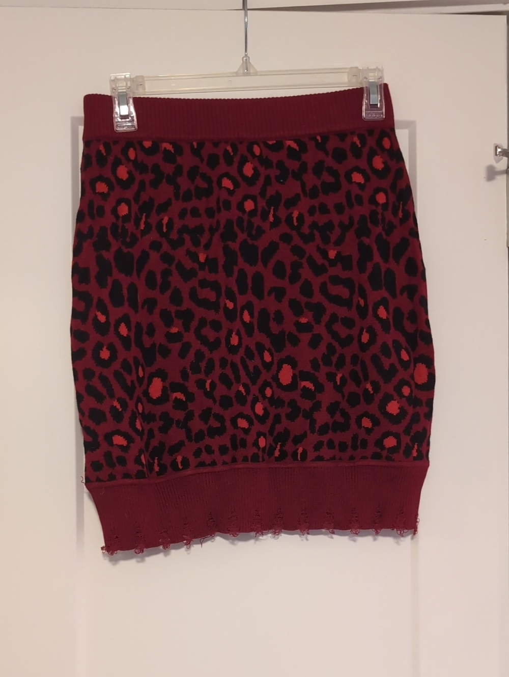Red Distress Leopard Print Knit Mini Skirt